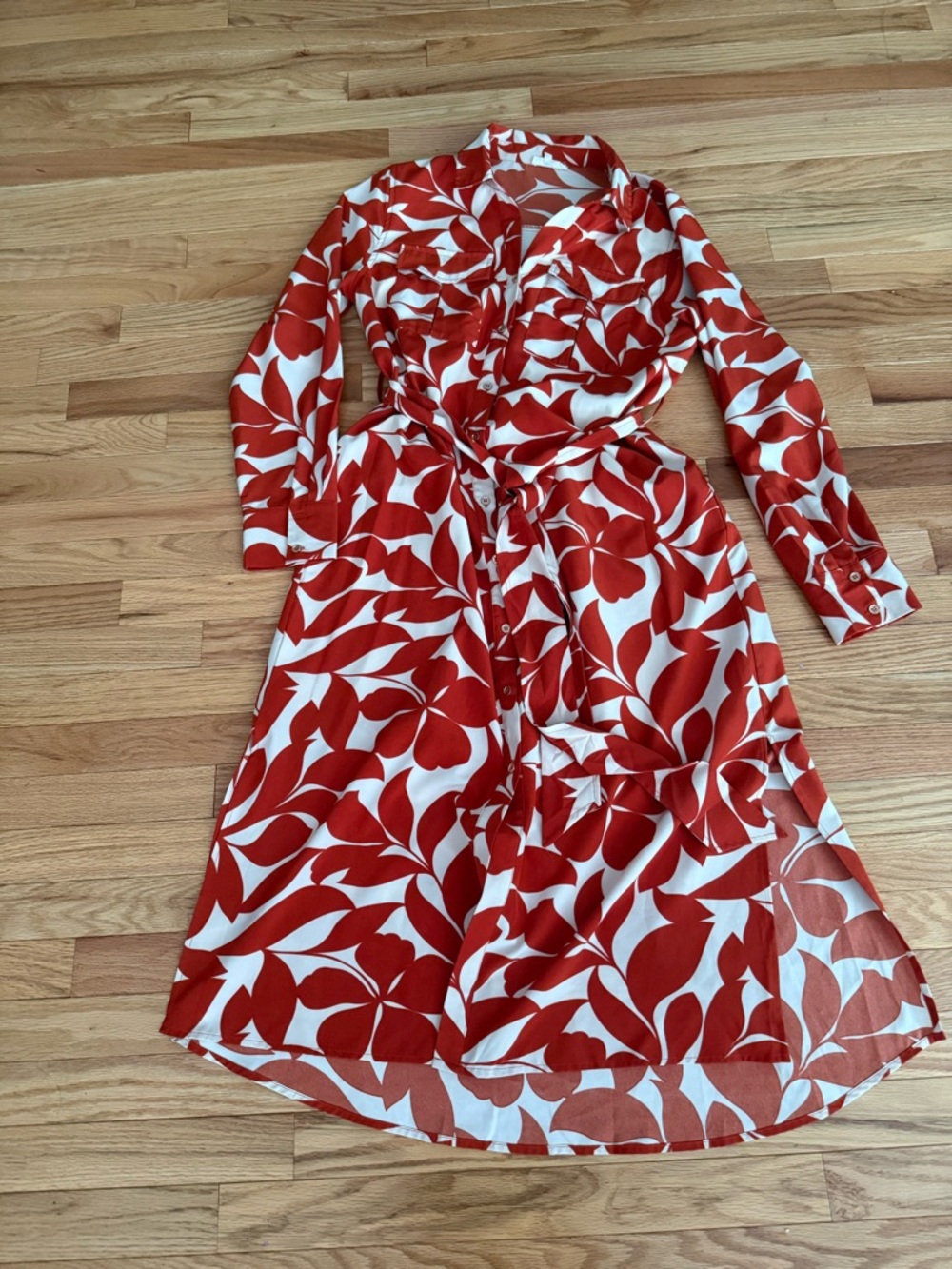 entro Burnt Orange and Cream Floral Long Sleeve Shirt Dress with Tie Waist